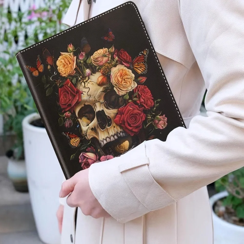 iPad 10th Gen 10.9” Floral Skull Case Butterfly Rose PU Leather Folio